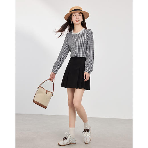 【专属特价】熙世界优雅精致格子衬衣女2025春夏季新时尚休闲泡泡袖通勤衬衫上衣 商品图2