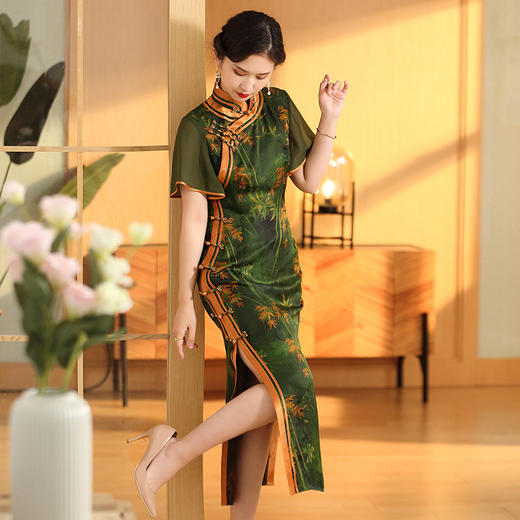 红芸纱绿竹长款高档，改良旗袍春夏国风复古AYK211121 商品图1