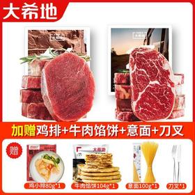 大希地 整切牛排100g/片*10片 （菲力*5+眼肉*5+黑椒酱*10+刀叉*1）赠嗨味食刻香煎鸡小排80g*1+大希地牛肉馅饼104g*1+自然意面100g*1+刀叉1