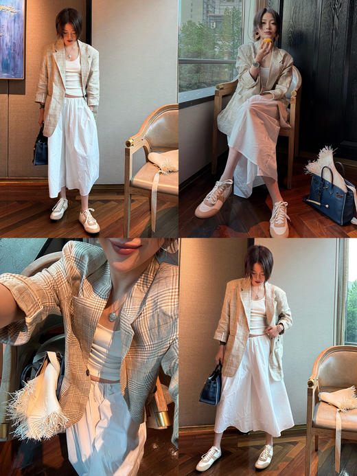 HIDEMI 甄选天然百分水洗做旧感色织亚麻极简宽松口袋男朋友西装中短裤套装 商品图1