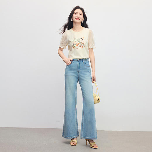 熙世界蝴蝶印花拼接天丝短袖T恤女夏季淡人穿搭休闲减龄体恤上衣 商品图4