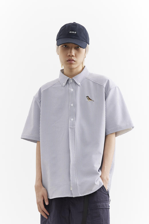 吃茶去chichaqu25轻量竖条纹泡泡纱翻领短袖衬衫经典休闲城市百搭 商品图0