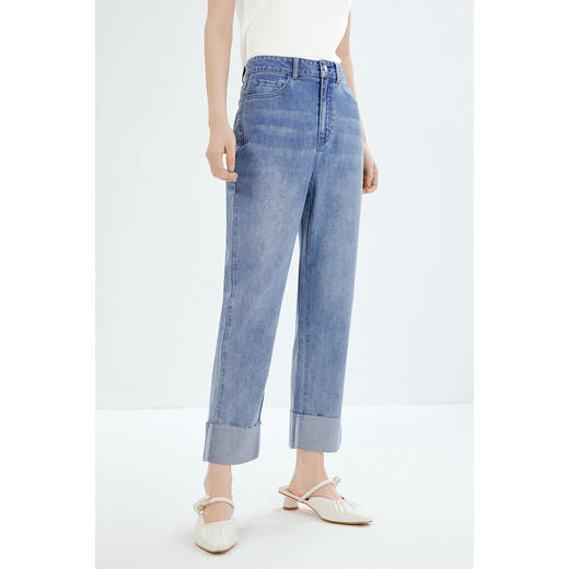 【商场同款】诗凡黎牛仔裤2023夏新款裤子卷边直筒裤女3E4150901 商品图1