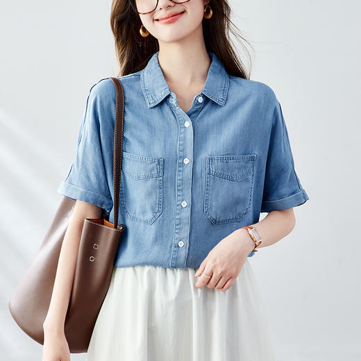 馥迦天丝复古短袖牛仔衬衫 商品图9