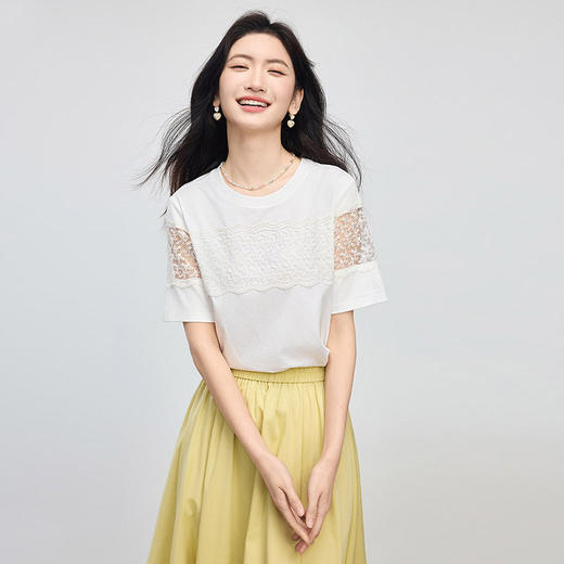 熙世界白色蕾丝拼接T恤女夏2025新款圆领短袖体恤独特超好看上衣 商品图4