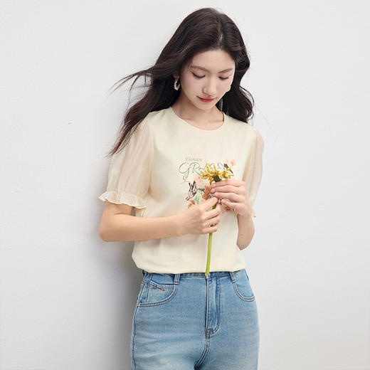 熙世界蝴蝶印花拼接天丝短袖T恤女夏季淡人穿搭休闲减龄体恤上衣 商品图3