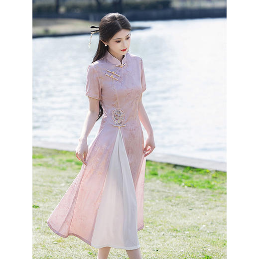 LSB3689粉色奥黛旗袍2025新款高考旗开得胜女夏季新中式日常订婚礼服裙 商品图1