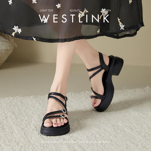 西遇厚底凉鞋女新款夏季时装鞋甜美水钻一字带配裙子增高凉鞋D0956706 商品图2