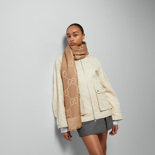 GUCCI 古驰 女士GG提花真丝羊毛披肩 浅棕色 663671 3GC43 9800 商品图3