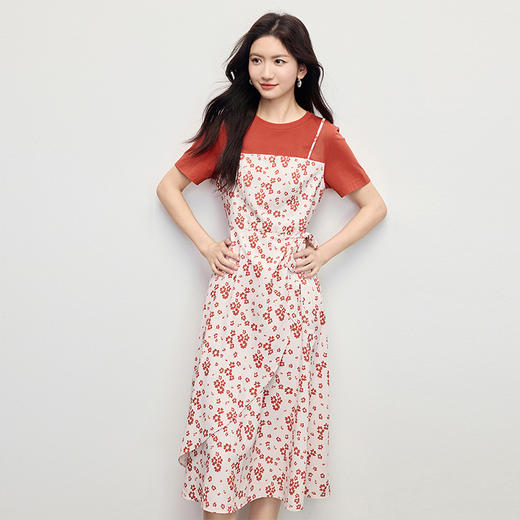 熙世界法式休闲短袖拼接荷叶边裙假两件碎花连衣裙女2025夏日新款 商品图4