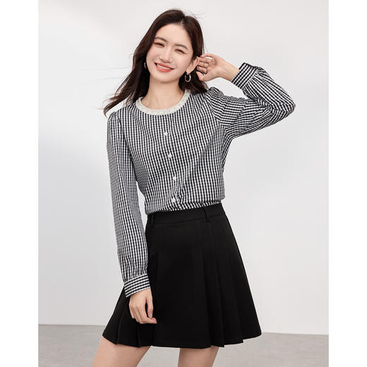 【专属特价】熙世界优雅精致格子衬衣女2025春夏季新时尚休闲泡泡袖通勤衬衫上衣 商品图4