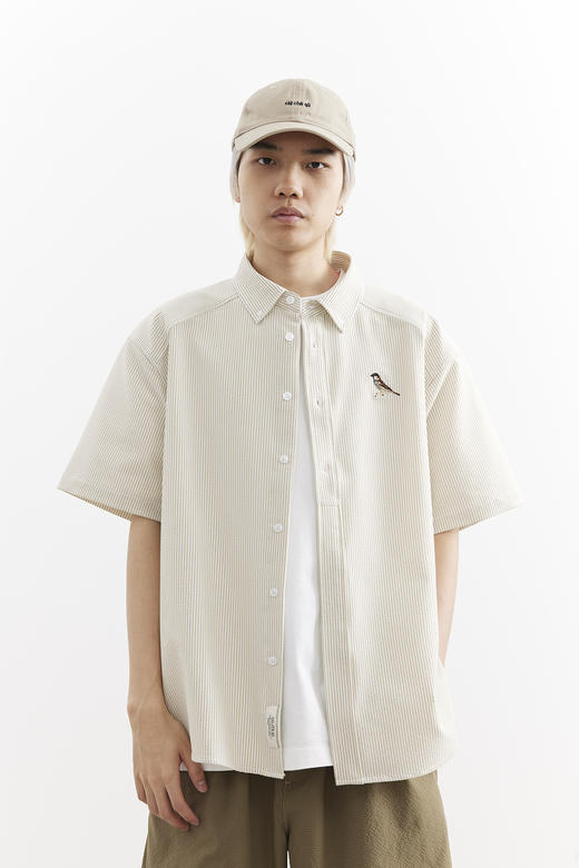 吃茶去chichaqu25轻量竖条纹泡泡纱翻领短袖衬衫经典休闲城市百搭 商品图2