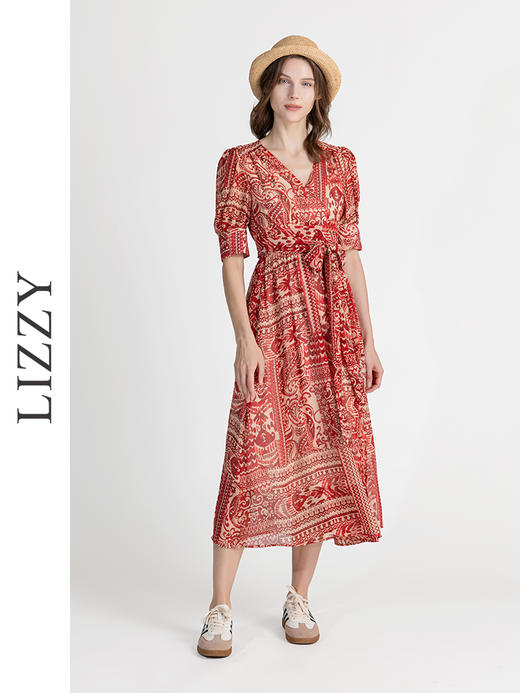 LIZZY优雅法式时尚V领裹身裙印花雪纺一片式度假连衣裙8071 商品图2