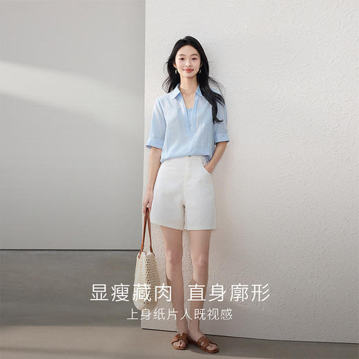 熙世界假两件蓝色衬衫女短袖2025夏季新款法式设计感气质翻领上衣 商品图2
