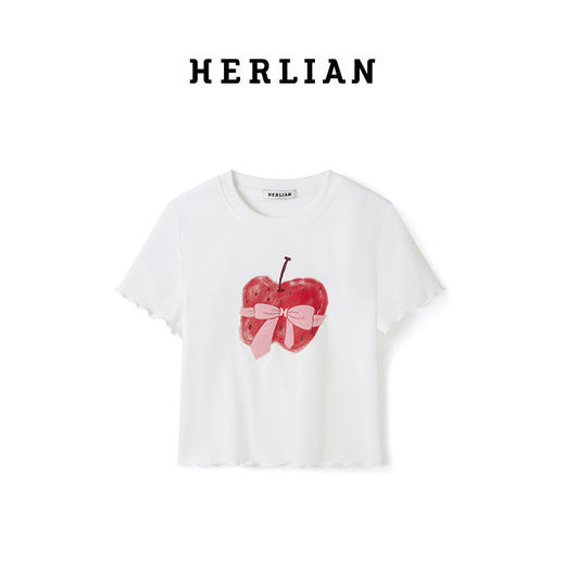 HERLIAN 2025夏季新品苹果蝴蝶结印花圆领修身短款T恤女百搭上衣 商品图2