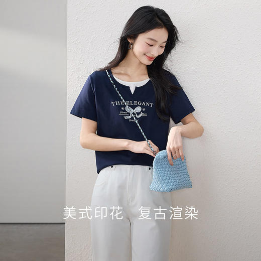 熙世界2025年夏季新款美式复古假两件T恤女短袖休闲圆领印花上衣 商品图1