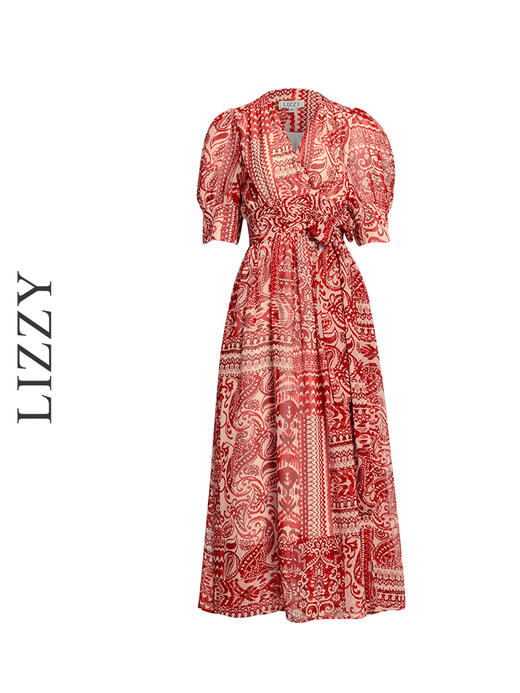 LIZZY优雅法式时尚V领裹身裙印花雪纺一片式度假连衣裙8071 商品图4