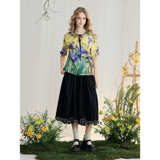 两三事梵高文艺塞纳万香2025夏季新款油画印花双层领绑带雪纺衫女 商品图2