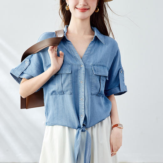 馥迦天丝系带短袖牛仔衬衫 商品图1