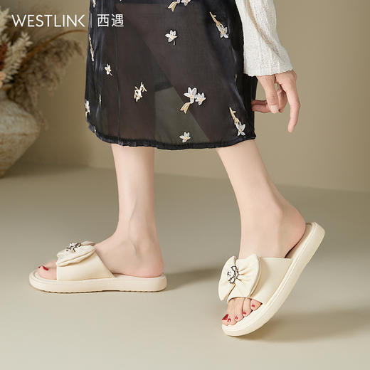 西遇凉拖鞋女夏外穿新款法式气质蝴蝶结凉鞋配裙子平底一字拖V0956708 商品图3