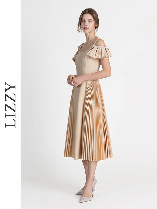 LIZZY法式赫本风露肩气质轻奢飞袖百褶大裙摆礼服宴会连衣裙8054 商品图2
