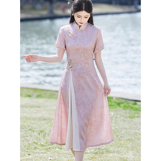 LSB3689粉色奥黛旗袍2025新款高考旗开得胜女夏季新中式日常订婚礼服裙 商品图3