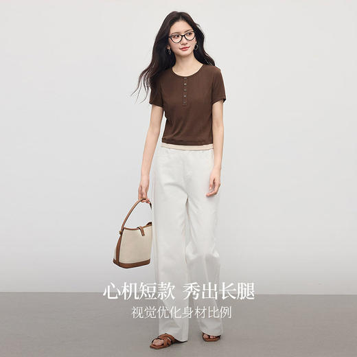 【专属特价】熙世界正肩鱼骨假两件t恤女短袖2025年新款夏季修身显瘦圆领上衣 商品图2