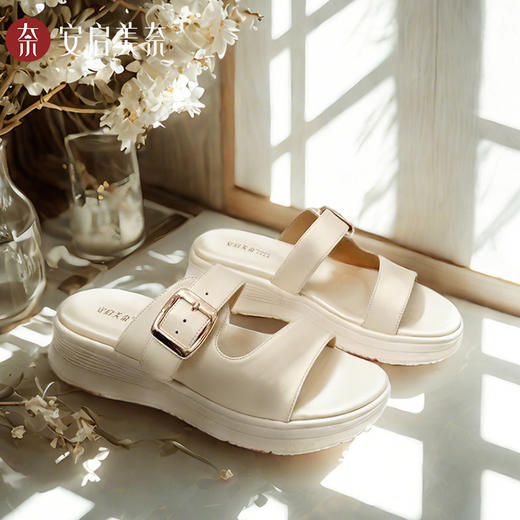 ARCHCONTACT安启美奈云朵真皮复古厚底勃肯一字拖鞋53027 商品图1