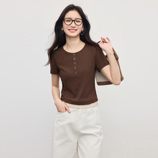 【专属特价】熙世界正肩鱼骨假两件t恤女短袖2025年新款夏季修身显瘦圆领上衣 商品图3