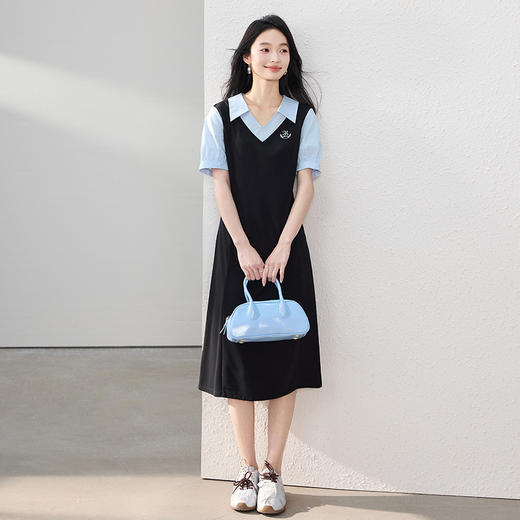 【专属特价】熙世界学院风刺绣假两件连衣裙女夏季设计感撞色翻领裙子2025新款 商品图4