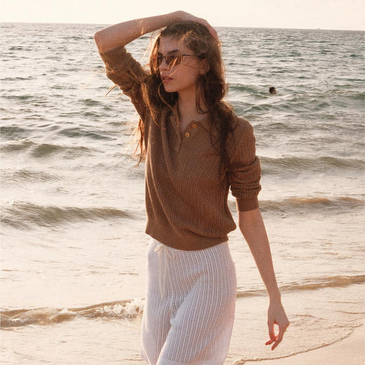 lost in echo2025春夏新款钩花镂空长袖透气POLO针织衫针织中短裤 商品图1