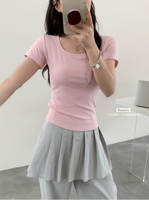 【骆柒柒Y001心机锁骨 • 大U领辣妹短袖 】💥没有什么身材是一件正肩的U领T恤搞不定的🌸 它真的对圆脸🌈、肩宽的姐妹超级友好， 商品图4