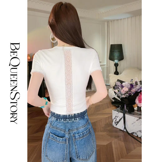 【孤品样衣，不退不换】【度假时光】镂空蕾丝花边拼接百搭修身短袖上衣2025春装新款 商品图3