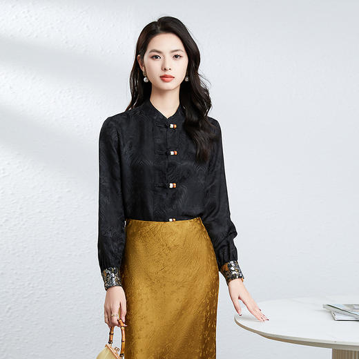 丁摩 国风衬衫女春季新款新中式衬衣收腰盘扣立领真丝桑蚕丝上衣5ZF-25012 商品图5
