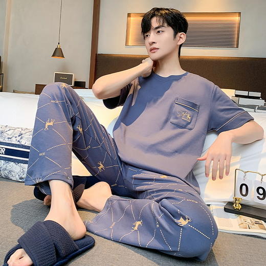 自然醒浮云家居服睡衣男士夏季纯棉薄款短袖长裤可外穿宽松大码家居服套装QH 商品图4