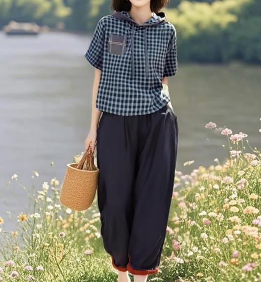 棉质格子上衣+松紧腰天丝棉萝卜裤两件套装LJX-058 商品图2