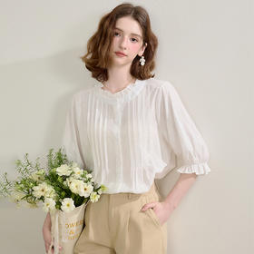 西遇法式宽松衬衣女夏季新款花边领口慵懒风白色衬衫上衣SS050442
