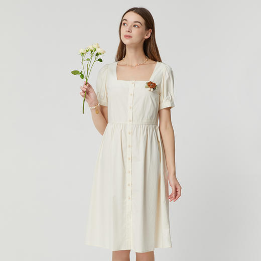 Famecoco范可儿方领泡泡袖连衣裙夏款法式高腰气质中长裙FAB3FA031 商品图5