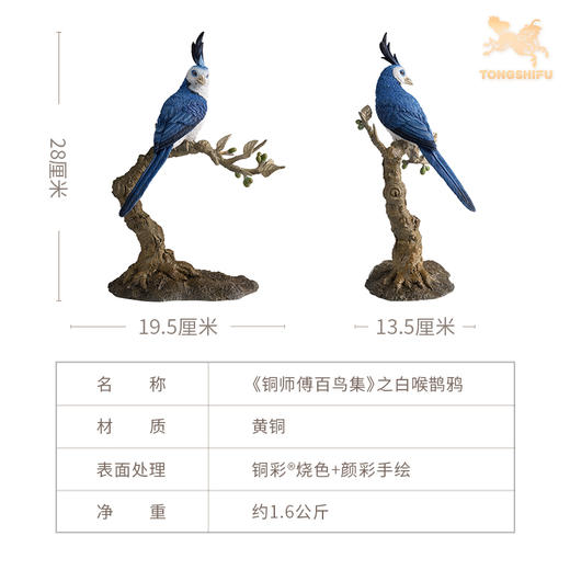 铜师傅《铜师傅百鸟集》之白喉鹊鸦 客厅桌面铜摆件 家居工艺品 商品图5