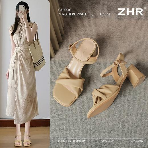 ZHR高跟凉鞋法式粗跟凉鞋2025夏季新款仙女一字带凉鞋方头单凉鞋 商品图1