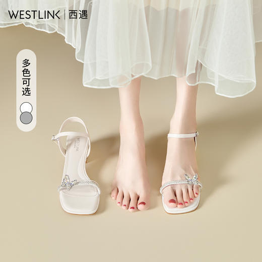 西遇粗跟凉鞋女新款夏季蝴蝶仙女风配裙子女鞋外穿一字带凉鞋D0956668 商品图0