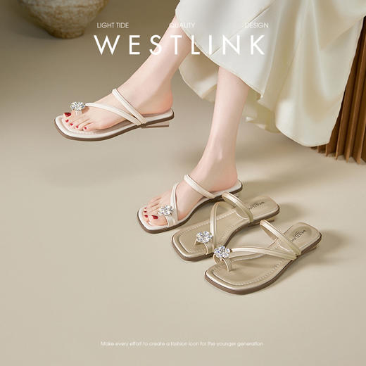 西遇夹趾凉拖鞋女外穿夏季新款平底鞋仙女风水钻配裙低跟凉鞋D0956672 商品图0