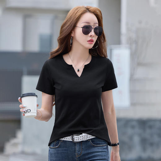 百媚生 棉质短袖小V领纯色T恤6621 商品图5