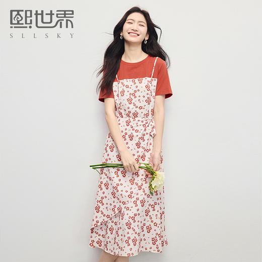 熙世界法式休闲短袖拼接荷叶边裙假两件碎花连衣裙女2025夏日新款 商品图0