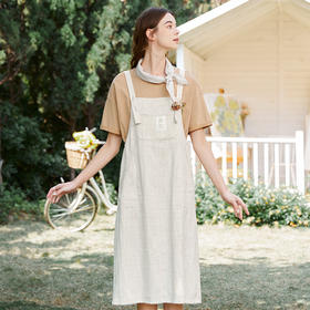 Famecoco范可儿宽松背带裙女森系夏季棉麻方领文艺连衣裙FAB3FE006
