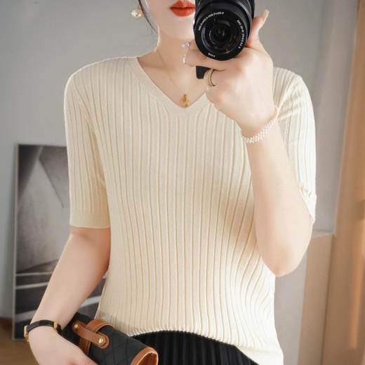 丁摩 五分袖针织打底衫女V领套头半袖薄毛衣简约纯色毛衫中袖上衣T恤5ZF-4281 商品图9