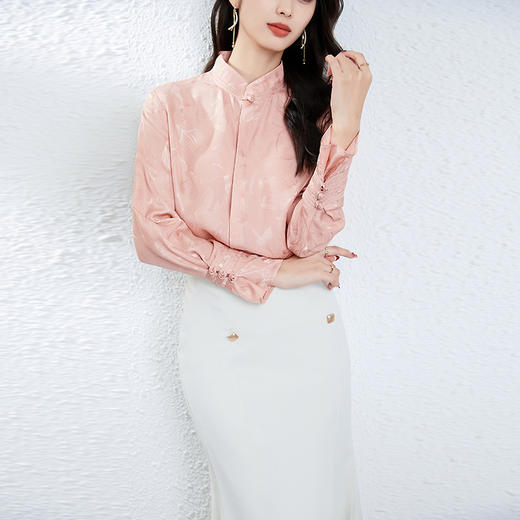 丁摩 衬衫真丝女春夏上衣新款轻奢高级感立领国风桑蚕丝新中式衬衣5ZF-25011 商品图3