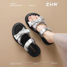 ZHR则则法式蝴蝶结厚底沙滩鞋2025新款外穿一字拖鞋银色凉鞋