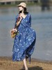 雀说 棉麻印花连衣裙女宽松复古V领五分袖过膝长裙子6078 商品缩略图5