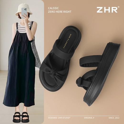 ZHR则则法式蝴蝶结厚底沙滩鞋2025新款外穿一字拖鞋银色凉鞋 商品图2